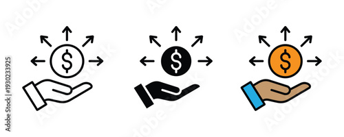 Hand holding dollar coin icon set with arrows. Financial distribution, investment profit, and money management symbol for business design. Vector Illustration.