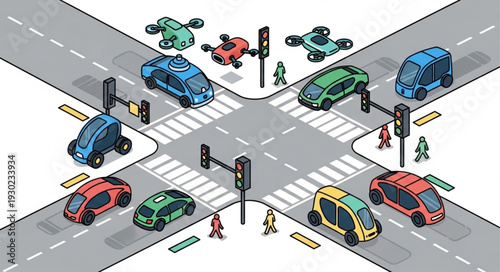 Busy City Street Intersection Scene.