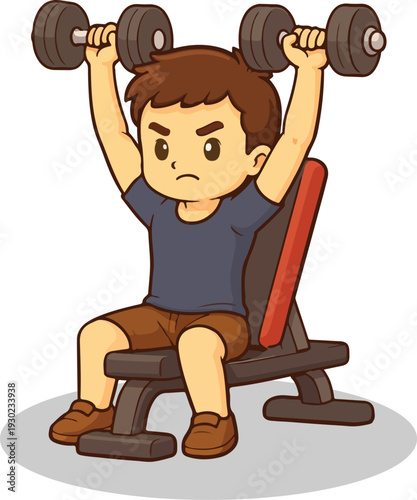 Cute Cartoon Boy Doing Dumbbell Shoulder Press, Chibi Style Fitness Character for Gym, Workout, or Health Illustration Design