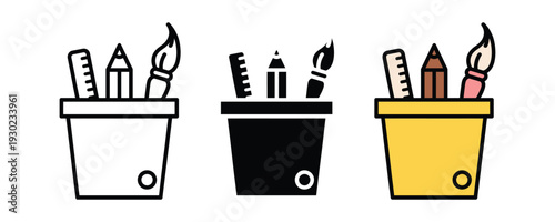Stationery cup icon set with pencil, ruler, and brush. Desktop organizer symbol for office, school, and creative workspace design. Vector Illustration.