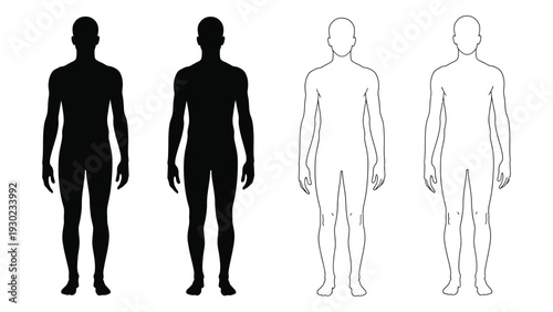 Four human silhouettes in different shades isolated on white background, Vector