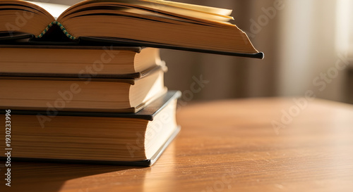 Close Side View of Stacked Hardcover Books on Wooden Table with Warm Soft Window Light, Cozy Academic Study Concept in Ultra Realistic 4K