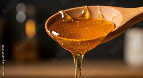 Golden Honey Dripping from Wooden Spoon in Warm Studio Light, Rich Glossy Texture Food Macro Photography with Dark Blurred Background in Ultra Realistic 4K