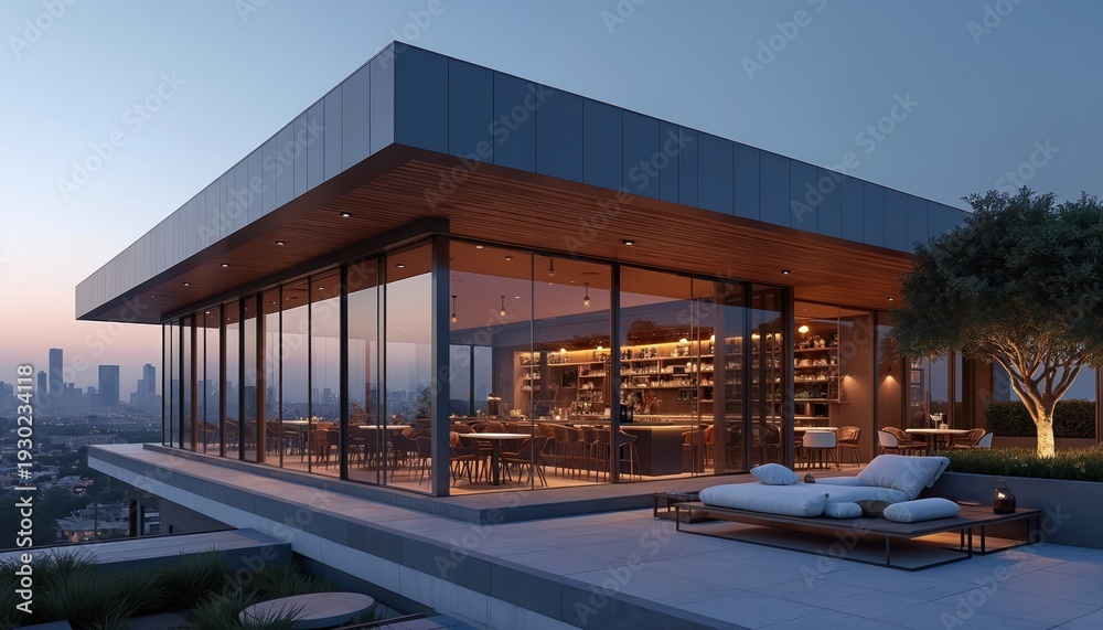 Obraz premium Modern rooftop bar and restaurant overlooks city skyline at dusk. Glass walls offer panoramic views. Outdoor lounge seating invites relaxation. Upscale dining and drinking ambiance.
