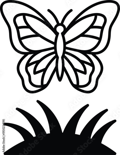 A simple black and white drawing of a butterfly above some grass.
