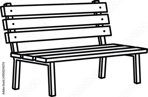 A simple line drawing of a wooden bench with a backrest and four legs.