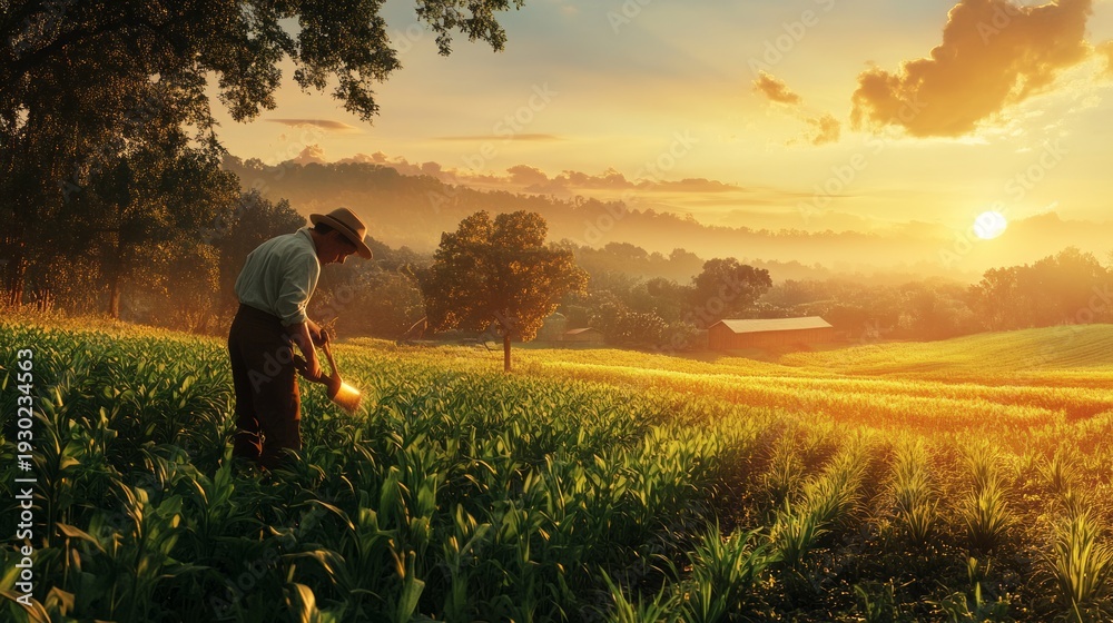 Fototapeta premium Male farmer watering crops in scenic sunrise landscape with rolling hills and barn