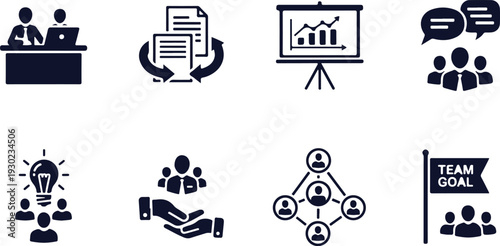 Set of nine business teamwork and collaboration icons featuring meetings presentations goals and communication isolated on transparent background