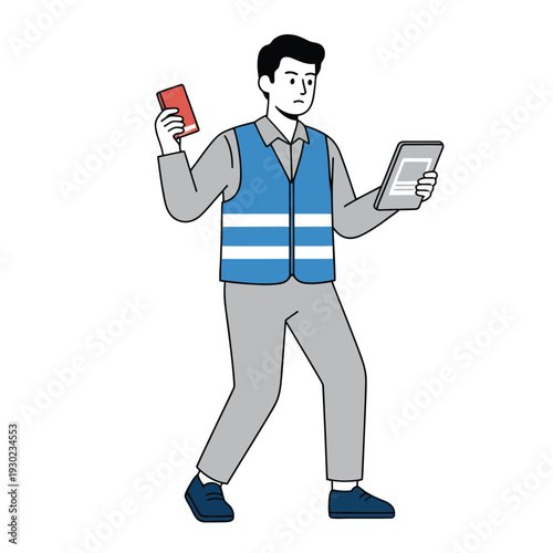 Man in safety vest holding a red card and a tablet, looking concerned, isolated on white, concept of inspection or penalty