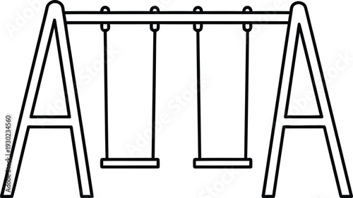 A simple line drawing of a swing set with three swings hanging from a sturdy frame.