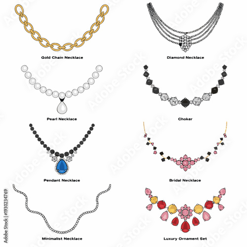 A collection of various necklace types and designs in a vector graphic