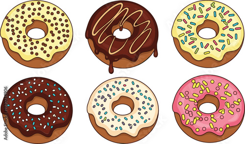 Colorful Donut Illustration Set with Chocolate, Vanilla, and Strawberry Glazed Doughnuts with Sprinkles for Bakery Menu and Dessert Design