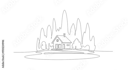 Minimalist Single Line Drawing of a Cozy House Surrounded by Trees and Water