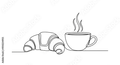 Minimalist single line drawing of a croissant and a steaming cup of coffee, breakfast concept