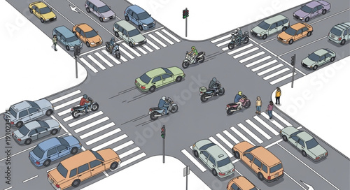 Busy City Road Intersection Scene.