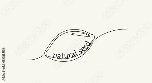 Minimalist single line drawing of a seed with text "natural seed" inside, symbolizing growth and nature.