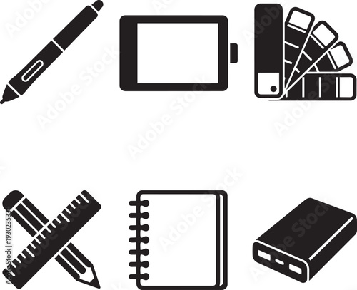 Creative Design Tools and Graphic Artist Equipment Silhouette Icon Set Vector Illustration
