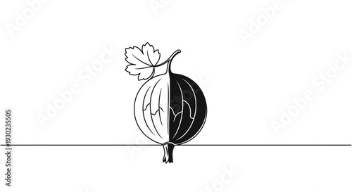 Minimalist Line Art Gooseberry Icon: Half Black, Half White, Isolated on White Background
