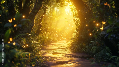 Enchanting forest pathway illuminated by magical golden light and floating fireflies
