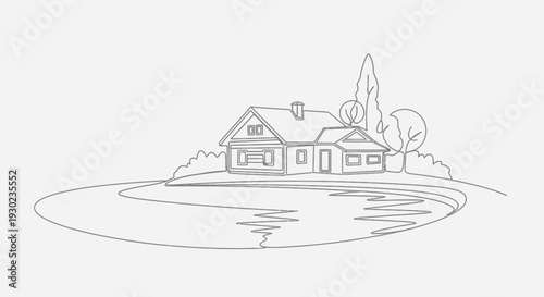 Minimalist Line Art House with Lake and Trees, Simple Sketch of Rural Landscape