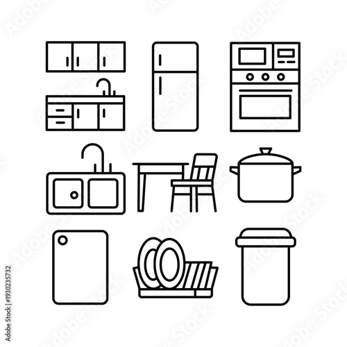 Kitchen Furniture Vector Icons Set – Cabinets, Refrigerator, Oven, Sink, Table