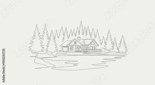 Minimalist Line Art of a Cozy Cabin by a Serene Lake Surrounded by Pine Trees
