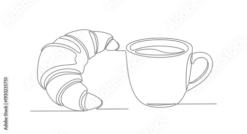 Minimalist line art of a croissant and a cup of coffee, breakfast concept