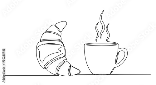 Minimalist line art of a croissant and a steaming coffee cup, breakfast concept