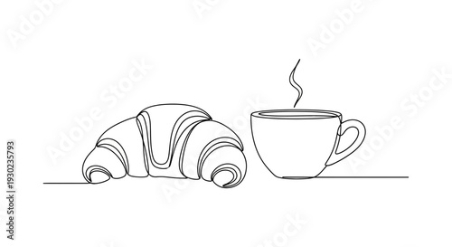 Minimalist line art of a croissant and a steaming cup of coffee, breakfast concept