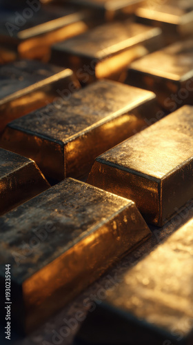 close-up view of gold bars arranged in a tight stack, illuminated by warm dramatic lighting. The rich metallic surfaces and deep shadows evoke wealth, stability, and financial security
