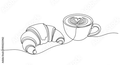 Minimalist line art of a croissant and latte art coffee cup, simple breakfast illustration