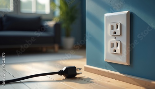 Unplugged black electrical power cord lies on wooden floor near wall socket. Modern interior room with sofa in background. Save energy at home.