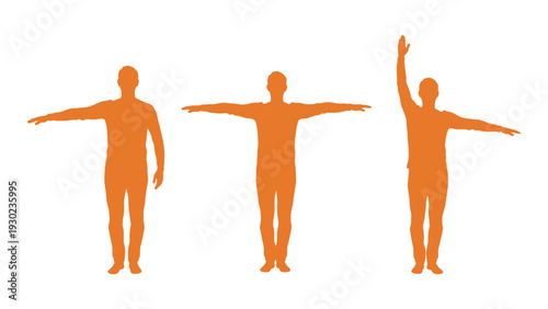 Three orange human silhouettes in different poses isolated on white background, Vector