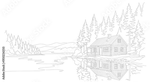 Log Cabin on Lake Shore Surrounded by Pine Forest, Reflection in Water, Nature Landscape