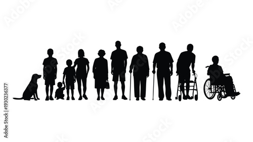 A group of people and a dog standing in a line isolated on white background, Vector