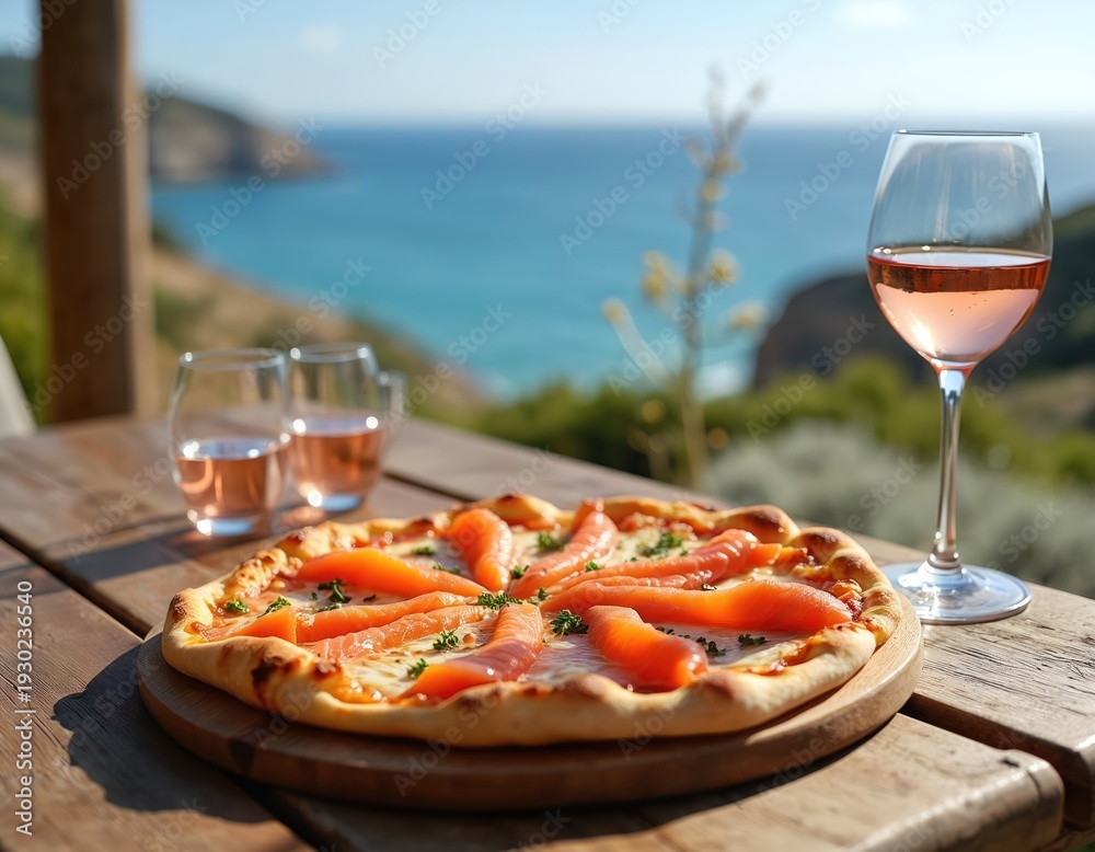 Fototapeta premium Smoked salmon pizza and rose wine on wooden table. Enjoy delicious seafood meal with ocean view. Perfect for casual dining or special occasion with beautiful scenery.