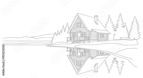 Log Cabin Reflection on Calm Lake, Serene Wilderness Landscape