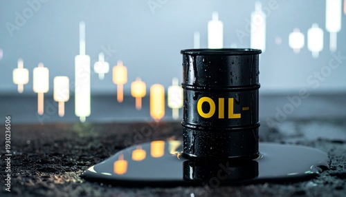 Black oil barrel with spill beside financial chart background
