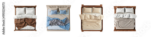 Four different beds with various bedding and comforters 