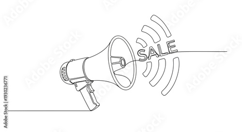 Megaphone Announcing Sale with Sound Waves - Continuous Line Art