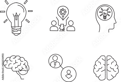 Comprehensive vector line art icon set representing creative thinking, innovation, problem-solving, and collaborative brain functions