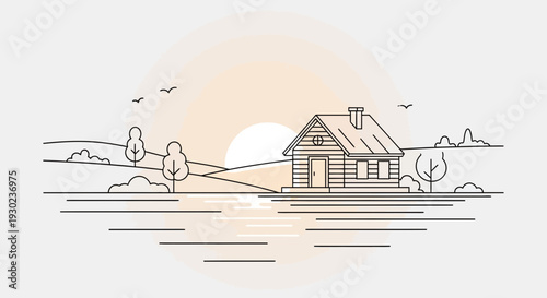 Minimalist Cabin at Sunrise Over Calm Water, Serene Landscape Illustration