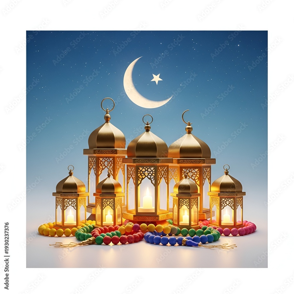 Obraz premium Ramadan lanterns and prayer beads with crescent moon in serene blue night sky