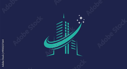 Modern Building with Dynamic Swoosh and Sparkle Logo Design.