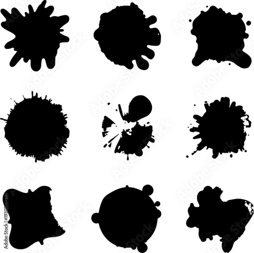 set of ink splashes, ink, paint, vector, splash, drop, design, blot, stain, splat, splatter, dirty, illustration, black, spot, silhouette, art, blood, element, liquid, texture, blob, pattern, spray, s