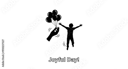 Joyful Child Jumping with Balloons Held by Hand Silhouette