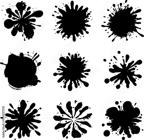 set of ink splashes, ink, paint, vector, splash, drop, design, blot, stain, splat, splatter, dirty, illustration, black, spot, silhouette, art, blood, element, liquid, texture, blob, pattern, spray, s