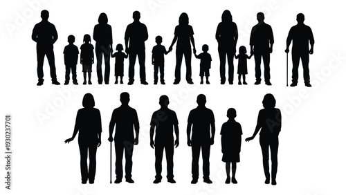 A group of people of different ages standing together isolated on white background, Vector