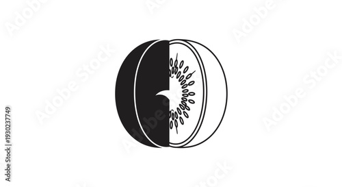 Kiwi Fruit Slice Icon, Half Black, Half White, Minimalist Design