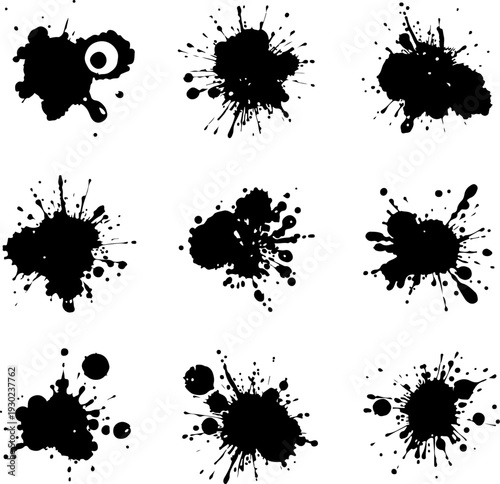 set of ink splashes, ink, paint, vector, splash, drop, design, blot, stain, splat, splatter, dirty, illustration, black, spot, silhouette, art, blood, element, liquid, texture, blob, pattern, spray, s